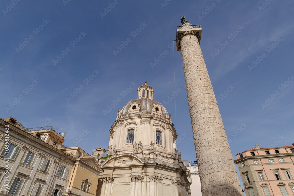 Fototapeta premium Forum of Trajan, church of Saints Luca and Martina, along street dei Fori Imperiali, Rome, Italy