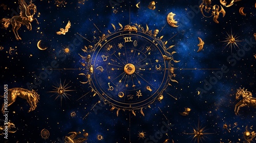 Zodiac wheel on a starry background with golden symbols and constellations. photo