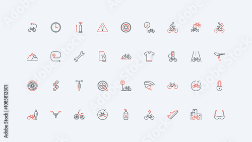 Bicycle and bike parts, tools of repair and maintenance service, cycling and gears of cyclist line icon set. Handlebar and chain, brake and pump thin black and red outline symbols vector illustration