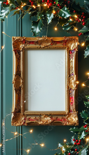 gold and red ornate christmas mockup frame with a blank white canvas, pine-green wall, fairy lights and a wreath of holly, art presentation, Picture frame on a wall, Blank Mock-up Frame Canvas