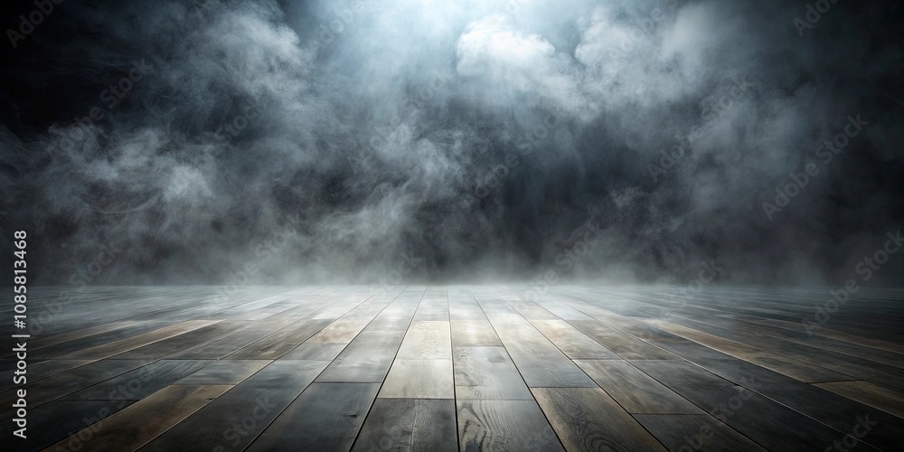 Empty wooden floor with smoky atmospheric background ideal for product display or dramatic scene setting Empty wooden floor with smoky atmospheric background ideal for product display or dramatic scene setting