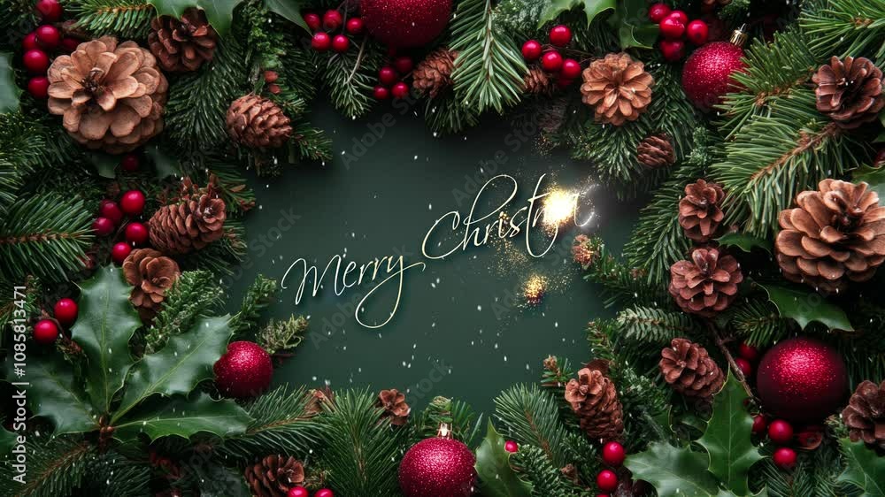 Merry Christmas. Christmas greetings. Christmas background with fir branches, pine cones and bokeh lights in the background. Greeting card. Merry Christmas. Christmas greetings. Christmas background with fir branches, pine cones and bokeh lights in the background. Greeting card.