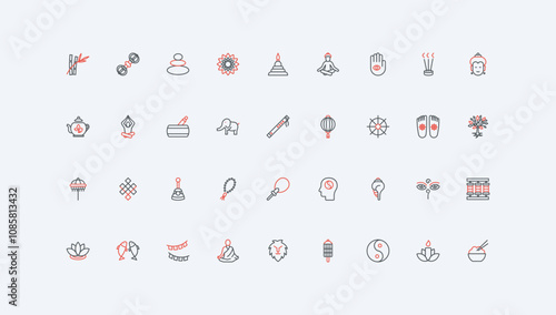 Buddhism, buddhist prayer, zen and monk meditation, spiritual retreat line icon set. Holistic culture and food, candle and rosary, mandala thin black and red outline symbols vector illustration
