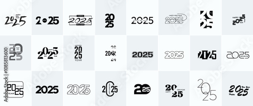 2025 Set, New year logo set of 25 in black and white, happy new year 2025, new year celebration, 2025 new collection