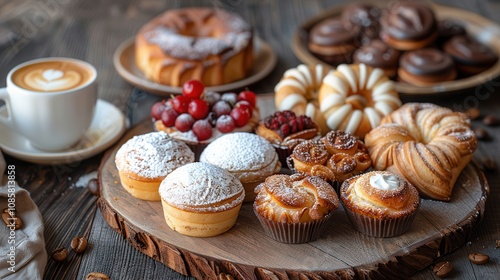 The bistro offers coffee, desserts, and fresh bakery treats.A delightful spread of pastries, muffins, and a cup of coffee arranged on a wooden surface, showcasing a tempting dessert selection.