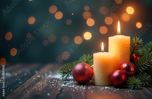 New year's background with Christmas decoaration and candles. Copy space. photo