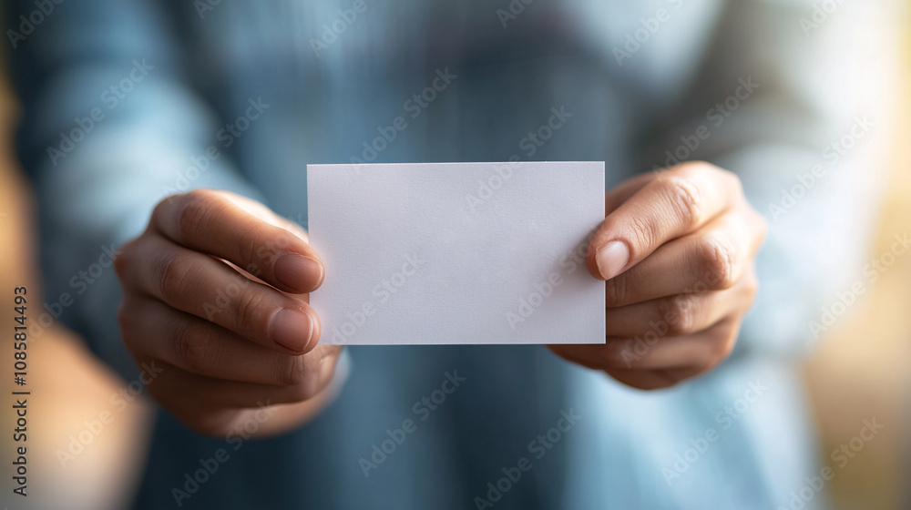 Person Holding Blank Card in Hands with Soft Focus Background, Concept of Providing Information or Template for Creative Design and Customization Person Holding Blank Card in Hands with Soft Focus Background, Concept of Providing Information or Template for Creative Design and Customization