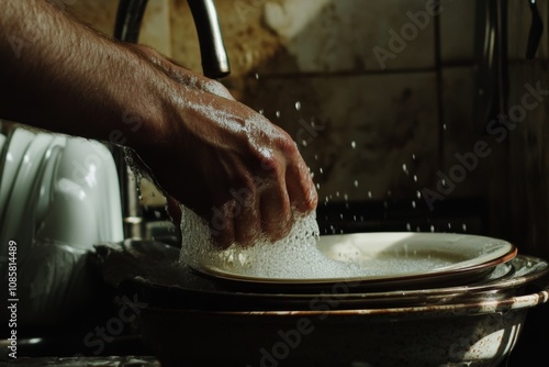 Close up of a man s hands washing dishes in soft light tones  a study of everyday life photo