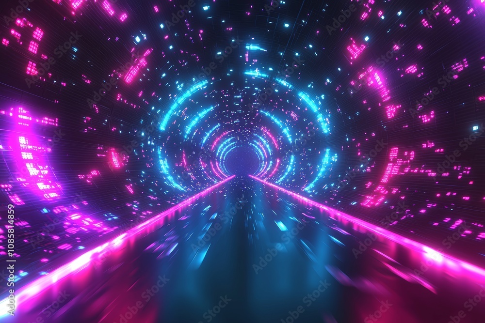 Captivating Futuristic Tunnel of Glowing Neon Lights and Swirling Geometric Patterns Captivating Futuristic Tunnel of Glowing Neon Lights and Swirling Geometric Patterns