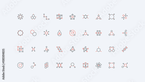 Chemistry, molecular structure and chemical formula, model of atom line icon set. Data and bio cell, network of particles, electron and proton thin black and red outline symbols vector illustration