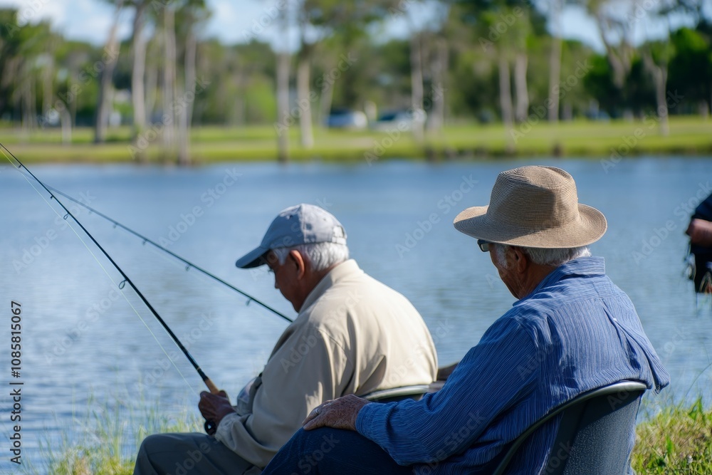 A group of senior citizens enjoying a peaceful day of fishing together at a tranquil lake setting. A group of senior citizens enjoying a peaceful day of fishing together at a tranquil lake setting.