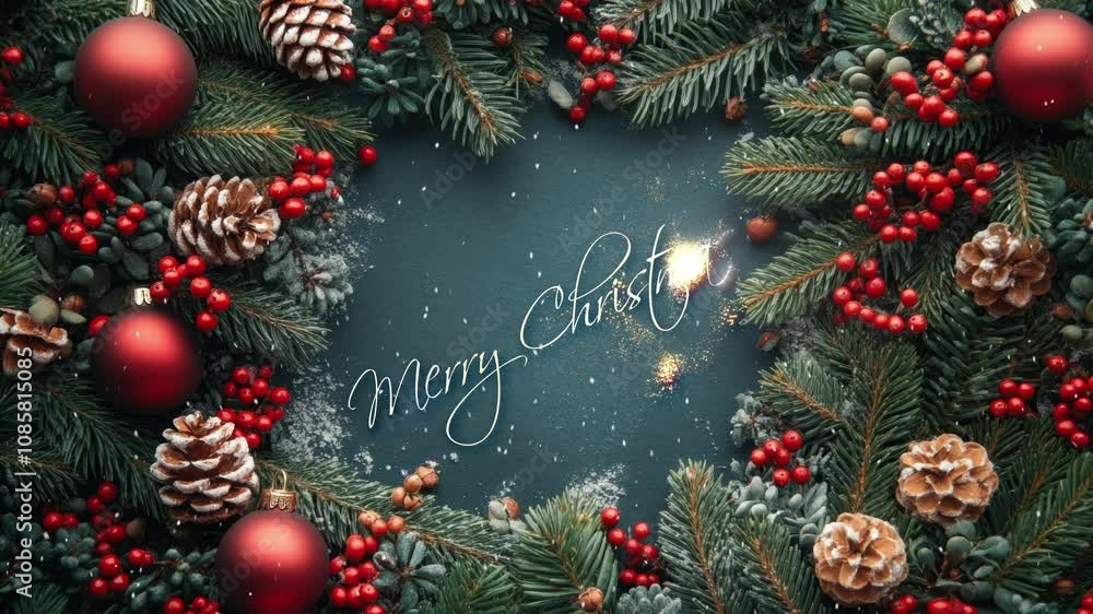 Merry Christmas. Christmas greetings. Christmas background with fir branches, pine cones and bokeh lights in the background. Greeting card. Merry Christmas. Christmas greetings. Christmas background with fir branches, pine cones and bokeh lights in the background. Greeting card.