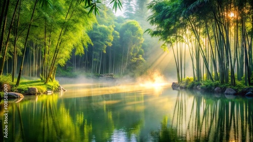 Serene Sunrise Illuminates a Tranquil Bamboo Forest Reflecting in a Calm Pond