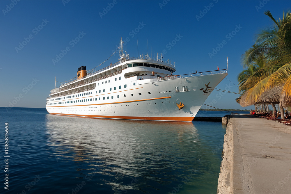 Luxury Cruise Ship Departing from a Tropical Port into Open Waters Luxury Cruise Ship Departing from a Tropical Port into Open Waters