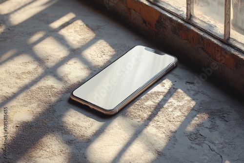Smartphone with a blank white screen placed on a concrete surface, a shadow of a window falls across it, minimalistic composition, mockup for design
