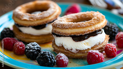 Delicious Churro Ice Cream Sandwich with Rich Vanilla Ice Cream and a Tantalizing Chocolate Drizzle photo