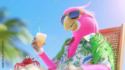 Playful Parrot and Clumsy Crab: 3D Render Tropical Beach Scene with Sassy Bird and Cute Crustacean photo