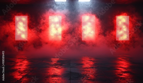 Dramatic Red Smoke and Laser Lighting on Wet Reflective Stage for Performance Event