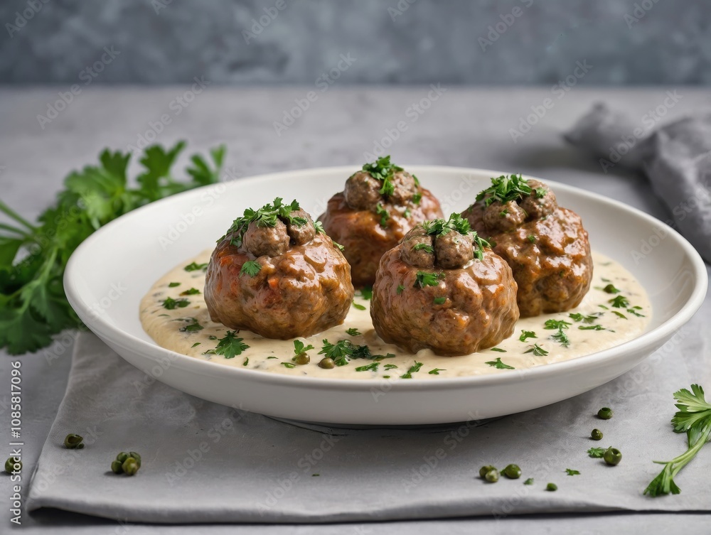Königsberger Klopse (German meatballs) served in a creamy white caper sauce on a simple white plate. Königsberger Klopse (German meatballs) served in a creamy white caper sauce on a simple white plate.