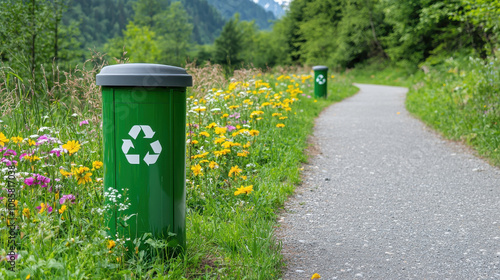 scenic hiking trail featuring eco friendly waste bins surrounded by vibrant wildflowers. This picturesque setting promotes environmental awareness and sustainability photo