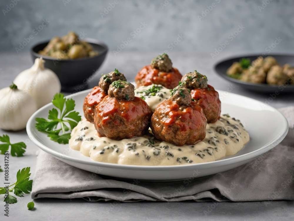 Königsberger Klopse (German meatballs) served in a creamy white caper sauce on a simple white plate. Königsberger Klopse (German meatballs) served in a creamy white caper sauce on a simple white plate.