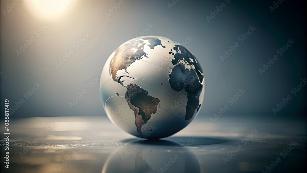 A metallic globe rests on a reflective surface, illuminated by a soft light source. A metallic globe rests on a reflective surface, illuminated by a soft light source.