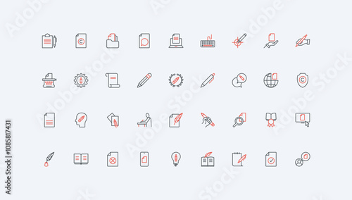 Creative content of author and blogger, storytelling line icon set. Feather, pen and pencil of journalist to write article, text creation in blog thin black and red outline symbols vector illustration