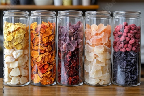 Colorful sublimated candies in clear jars, showcasing crunchy texture and food innovation. Generative AI photo