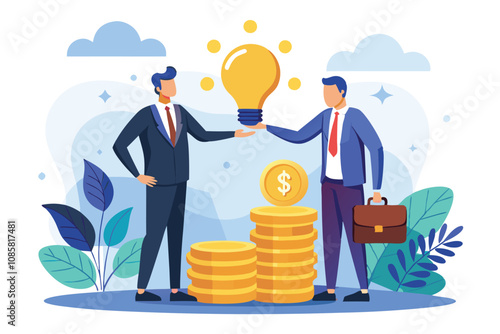 businessmen discussing ideas with light bulb and coins symbolizing innovation and investment vector illustration.

