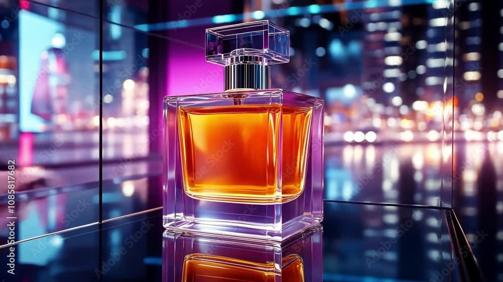 A bottle of perfume is displayed on a table in a store A bottle of perfume is displayed on a table in a store