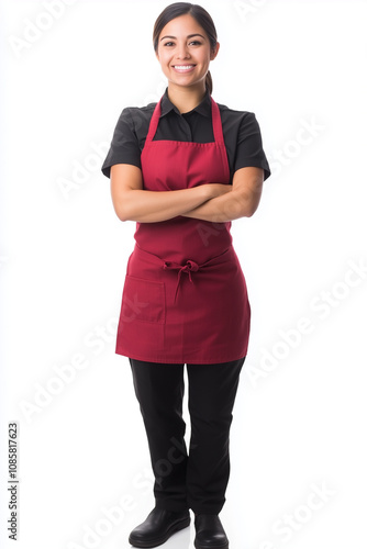 Woman Dressed in Black with a Red Apron Standing Against a White Background