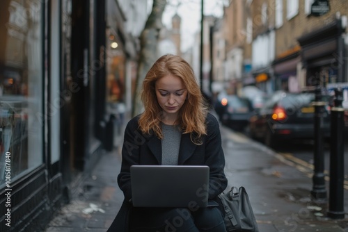 A young woman in london working on her laptop  embracing student and freelancer life photo