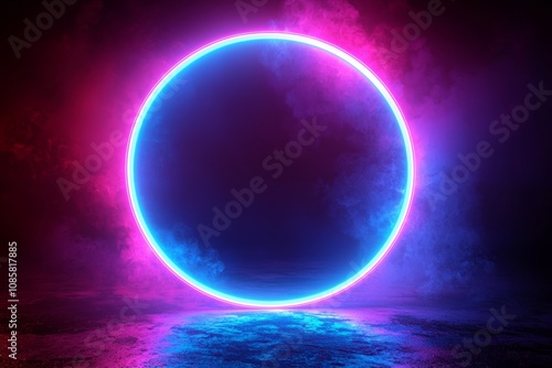 Glowing Neon Portal in Cosmic Nebula Landscape Futuristic Digital Art Background