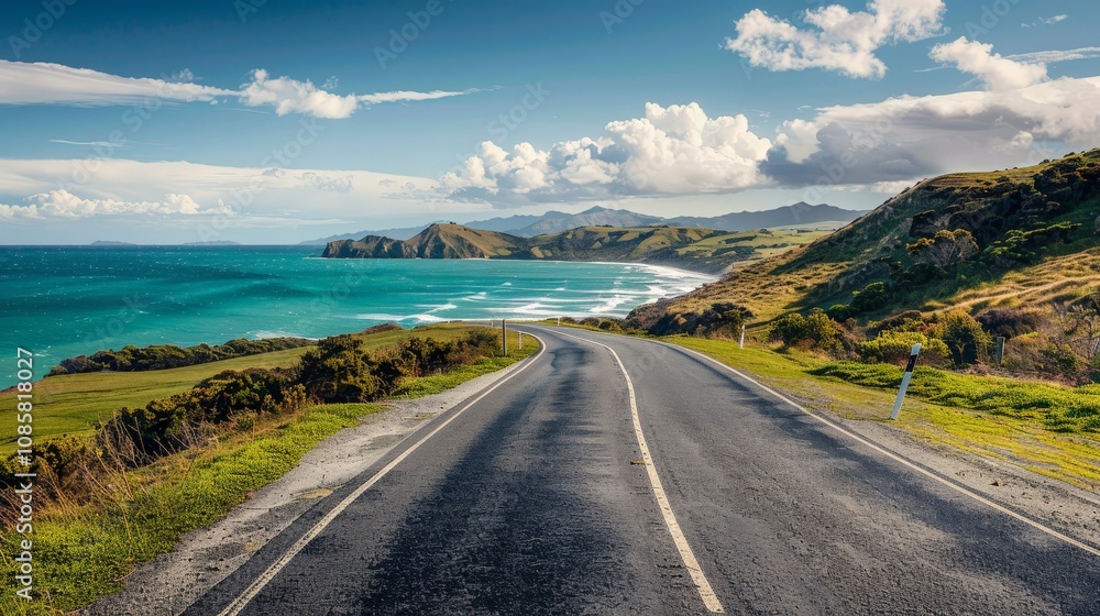 Coastal road with stunning ocean views on a sunny day Coastal road with stunning ocean views on a sunny day