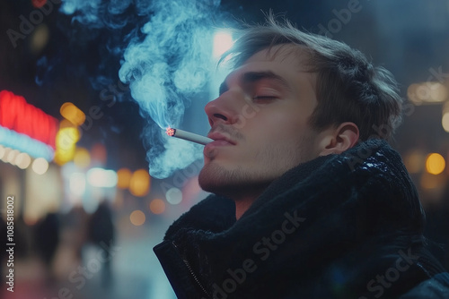 Close-Up of a Man Smoking a Cigarette at Night Outdoors