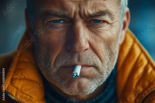 Close-Up Portrait of a Mature Man with a Cigarette in Winter Attire