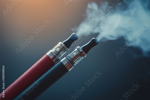 Close-Up of Two Vape Pens Emitting Vapor in a Dimly Lit Scene