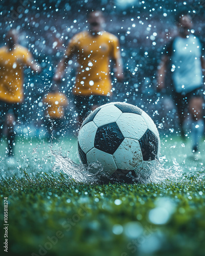 Soccer Ball on Wet Grass with Players in Action During a Rainy Match