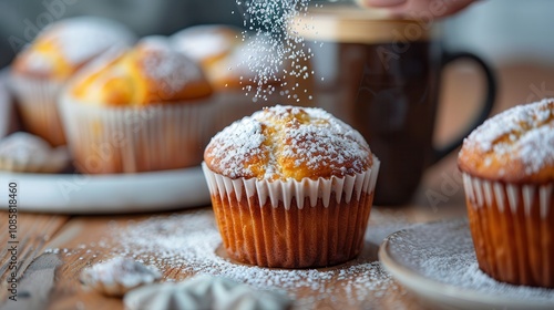 The bistro offers coffee, desserts, and fresh bakery treats.Freshly baked muffins dusted with powdered sugar, served on a rustic wooden table alongside a cup, creating a warm, inviting atmosphere. photo