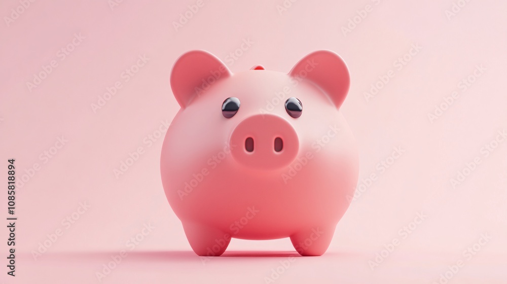 Playful pink piggy bank sitting on a soft pink background, representing savings, finance management, and childhood enjoyment with a charming expression and glossy finish. Playful pink piggy bank sitting on a soft pink background, representing savings, finance management, and childhood enjoyment with a charming expression and glossy finish.