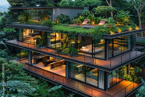 Sleek modular home with floor-to-ceiling windows, cantilevered deck, and green rooftop garden, surrounded by lush landscaping.