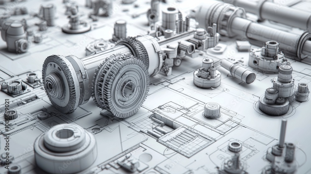 A detailed arrangement of mechanical components and gears, showcasing intricate engineering designs and industrial elements in a monochromatic setting. A detailed arrangement of mechanical components and gears, showcasing intricate engineering designs and industrial elements in a monochromatic setting.