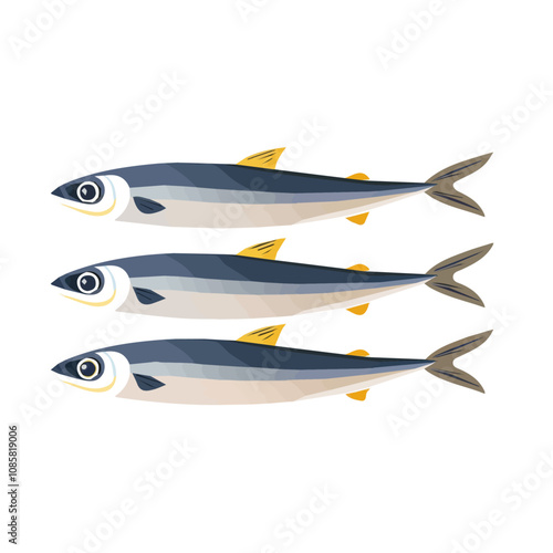 Simple flat 2D illustration of anchovies isolated on a white background, ai, fish icon set