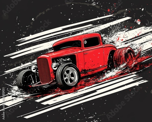 Bold vector graphic design for racing t shirt featuring red hot rod car in mud with stripes