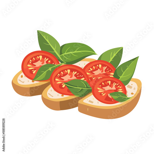 Simple flat 2D icon bruschetta with tomato and basil  isolated on a blue background, vector, flat design, animation design, vector, animation design, simple flat 2D icon, minimalist icon, log