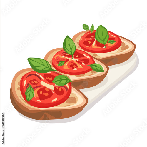 Simple flat 2D icon bruschetta with tomato and basil  isolated on a blue background, vector, flat design, animation design, vector, animation design, simple flat 2D icon, minimalist icon, log