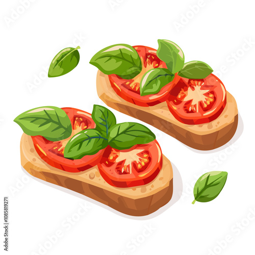 Simple flat 2D icon bruschetta with tomato and basil  isolated on a blue background, vector, flat design, animation design, vector, animation design, simple flat 2D icon, minimalist icon, log