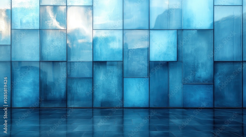 Abstract geometric pattern created by blue-tinted curtain wall segments during bright daylight, minimal architectural detail Abstract geometric pattern created by blue-tinted curtain wall segments during bright daylight, minimal architectural detail