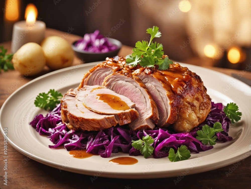 A neatly sliced Schweinebraten (roast pork) served on a white plate, showcasing its crispy, golden-brown crust and juicy interior. A neatly sliced Schweinebraten (roast pork) served on a white plate, showcasing its crispy, golden-brown crust and juicy interior.