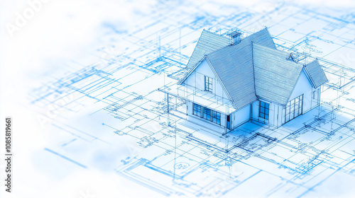 Dream Home Blueprint: A miniature house model rests on a blueprint, symbolizing the meticulous planning and detail that go into building a dream home.  
